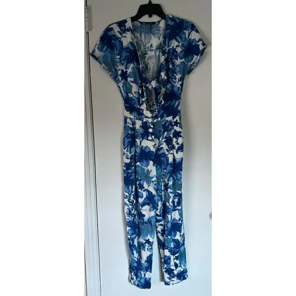 ZARA Floral Print Jumpsuit Blue V-Neck Linen Size XS/ excellent